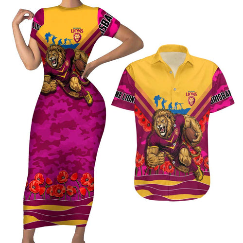 Personalised Brisbane Lions ANZAC Couples Matching Short Sleeve Bodycon Dress and Hawaiian Shirt Military Remembrance Australian Football Mascot Camouflage
