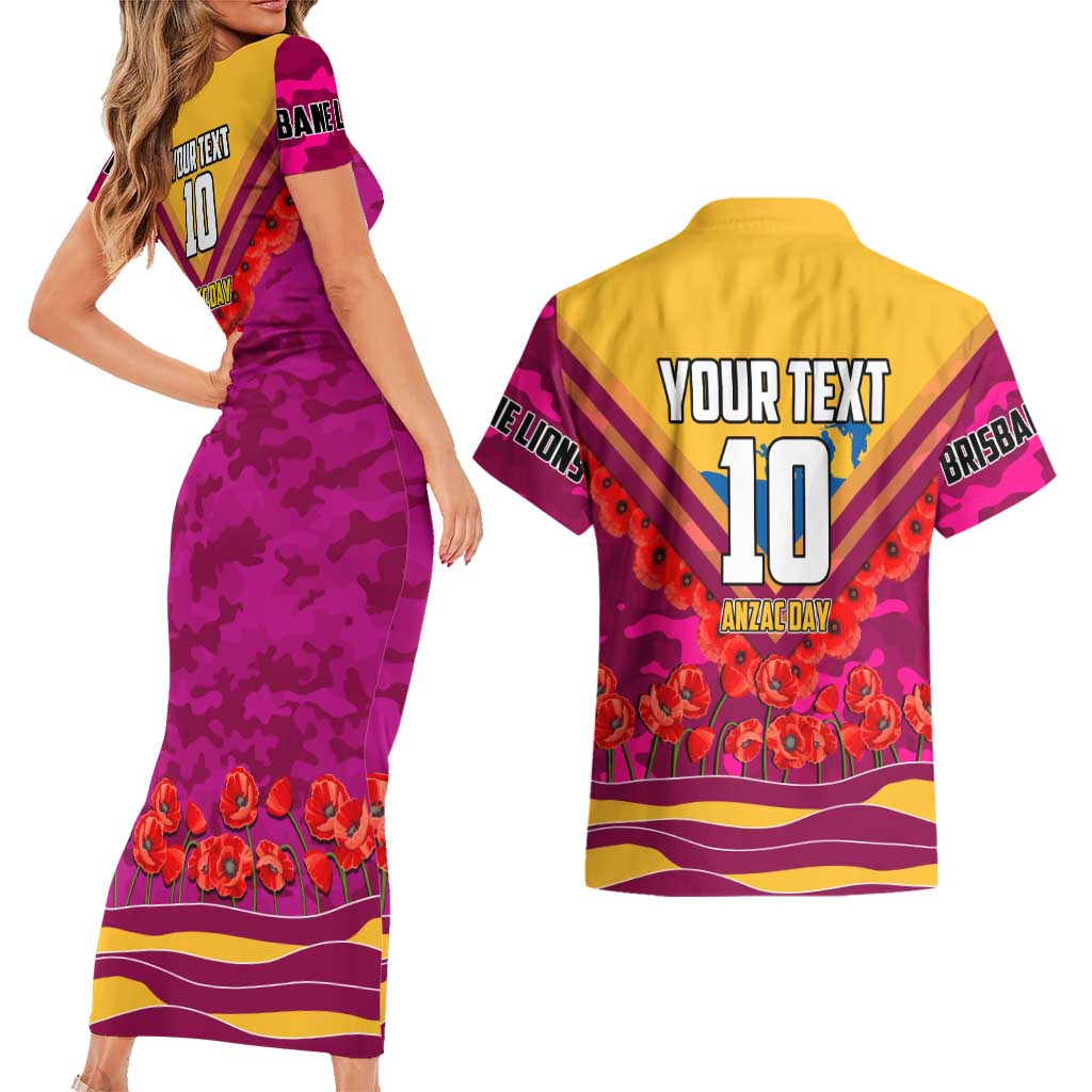 Personalised Brisbane Lions ANZAC Couples Matching Short Sleeve Bodycon Dress and Hawaiian Shirt Military Remembrance Australian Football Mascot Camouflage