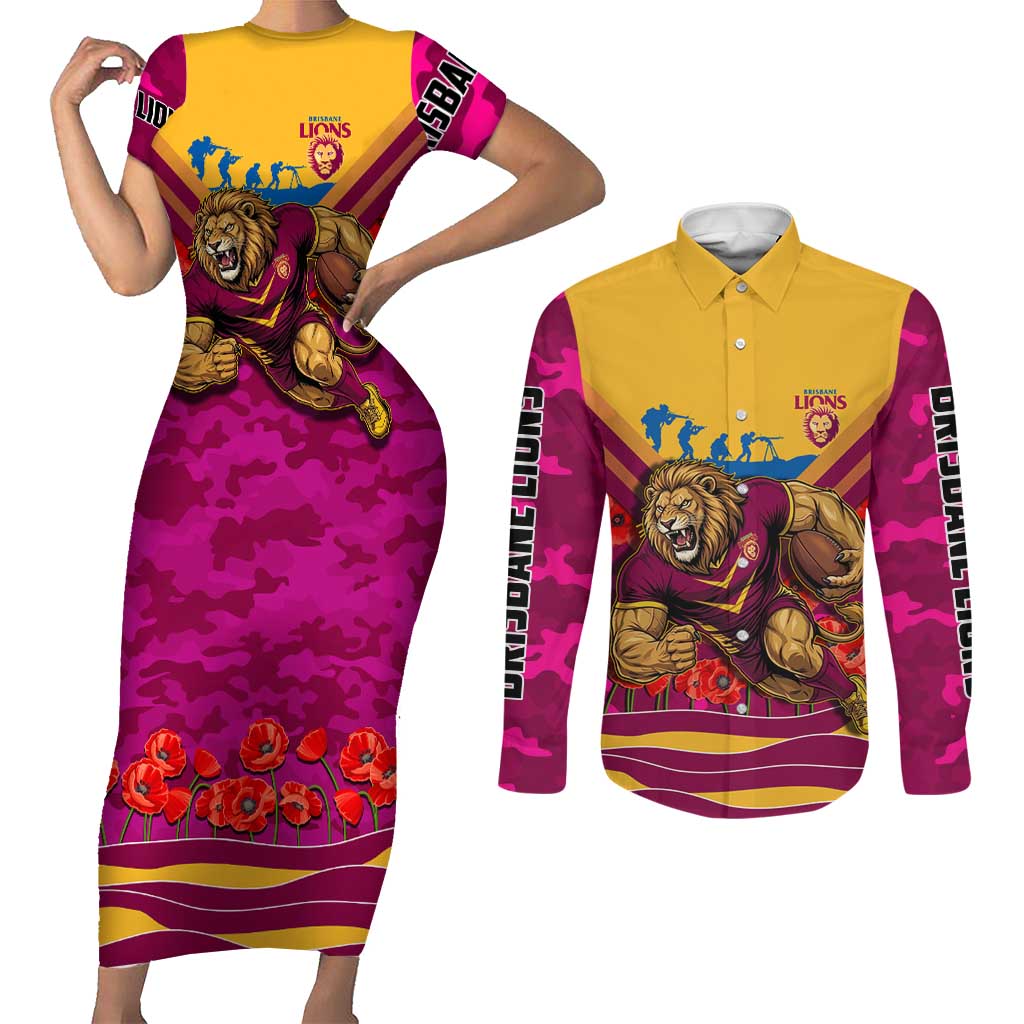 Personalised Brisbane Lions ANZAC Couples Matching Short Sleeve Bodycon Dress and Long Sleeve Button Shirt Military Remembrance Australian Football Mascot Camouflage