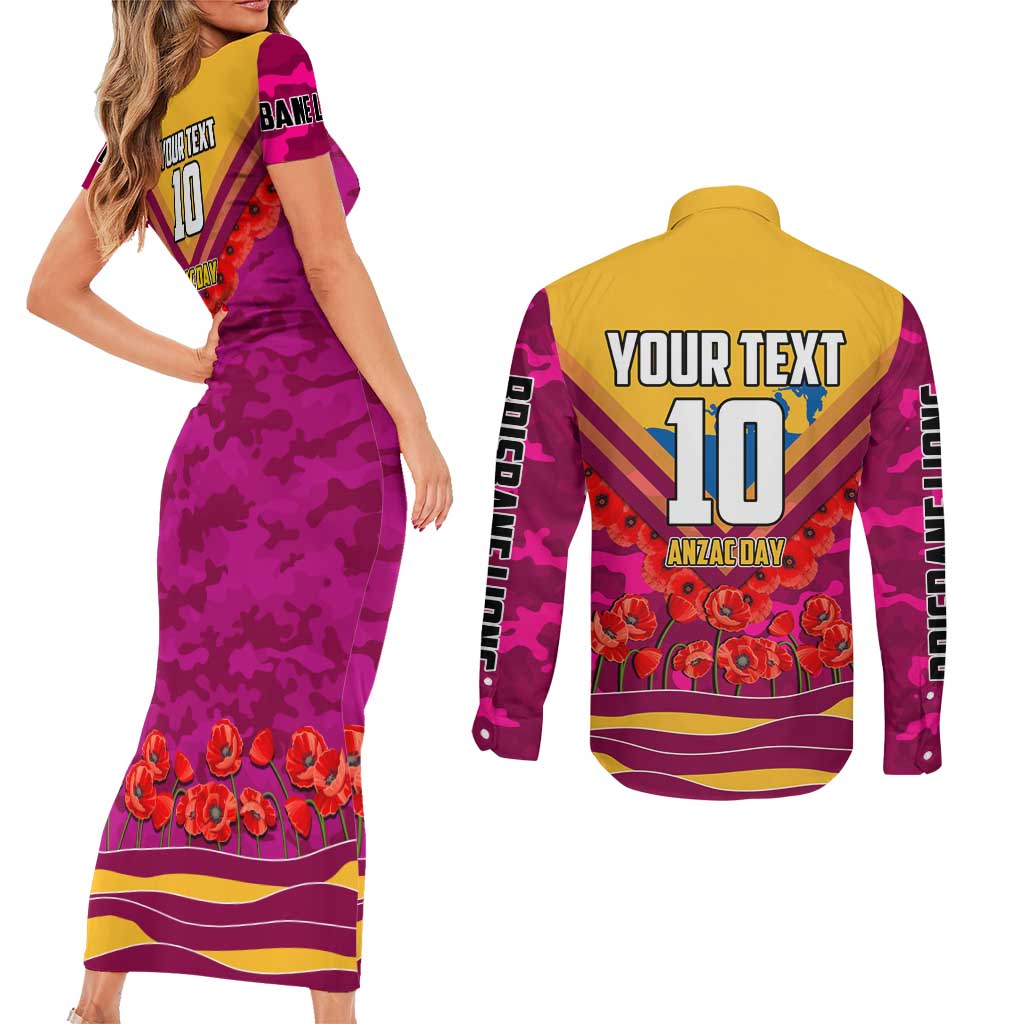Personalised Brisbane Lions ANZAC Couples Matching Short Sleeve Bodycon Dress and Long Sleeve Button Shirt Military Remembrance Australian Football Mascot Camouflage