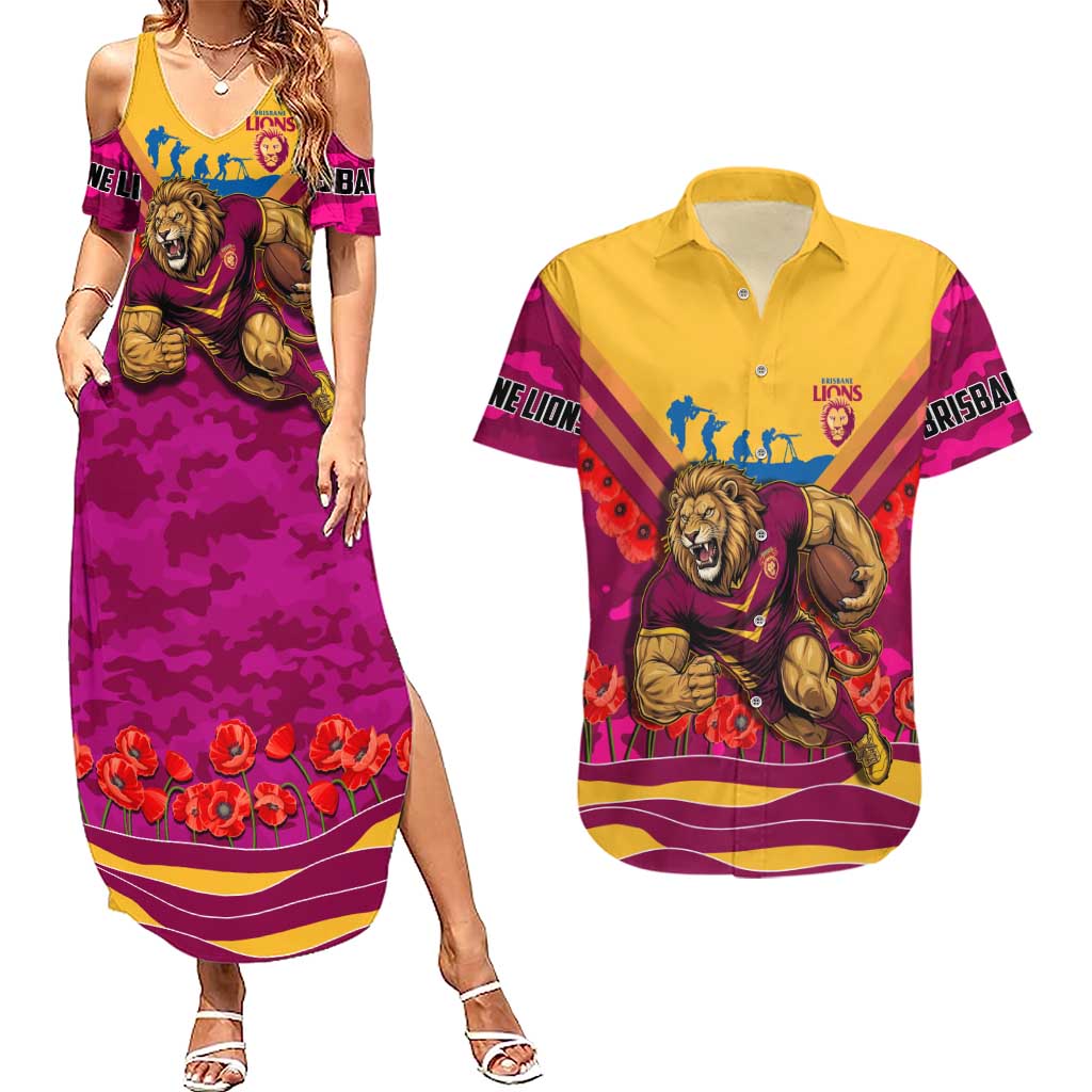 Personalised Brisbane Lions ANZAC Couples Matching Summer Maxi Dress and Hawaiian Shirt Military Remembrance Australian Football Mascot Camouflage