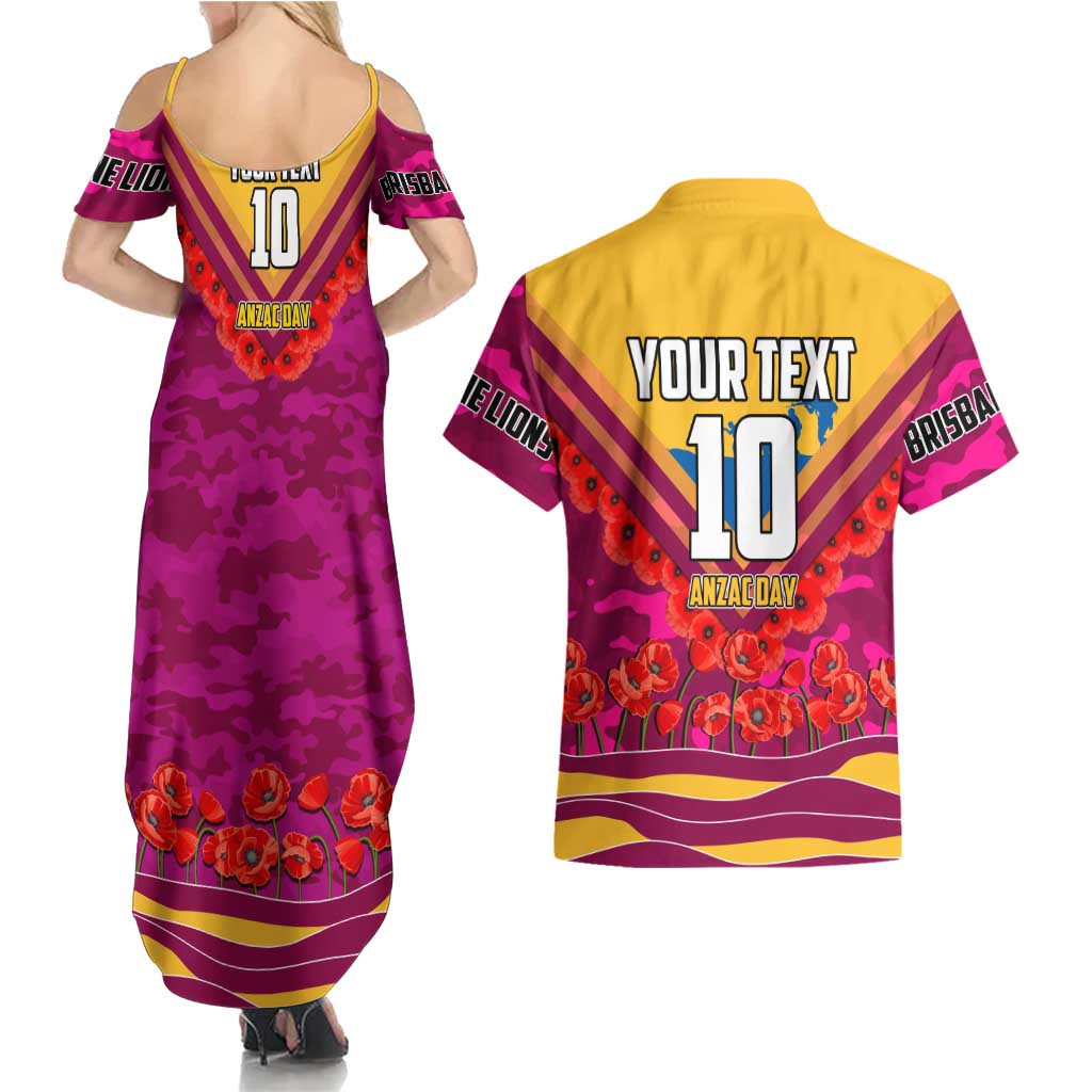 Personalised Brisbane Lions ANZAC Couples Matching Summer Maxi Dress and Hawaiian Shirt Military Remembrance Australian Football Mascot Camouflage