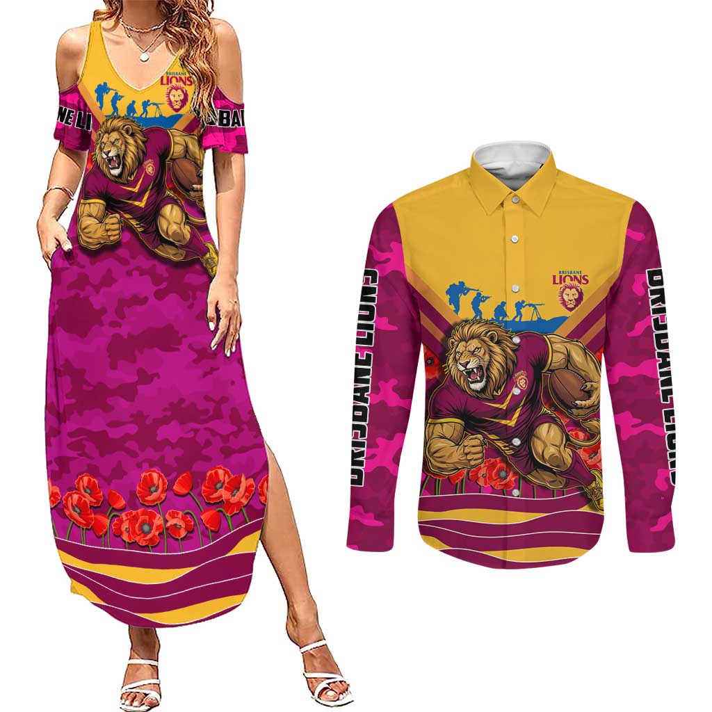 Personalised Brisbane Lions ANZAC Couples Matching Summer Maxi Dress and Long Sleeve Button Shirt Military Remembrance Australian Football Mascot Camouflage
