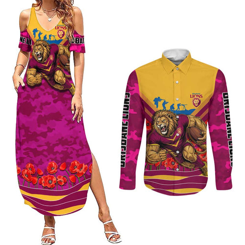 Personalised Brisbane Lions ANZAC Couples Matching Summer Maxi Dress and Long Sleeve Button Shirt Military Remembrance Australian Football Mascot Camouflage