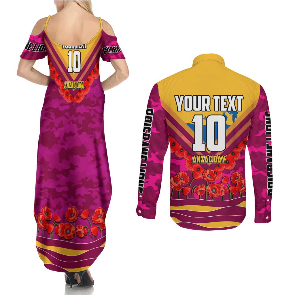 Personalised Brisbane Lions ANZAC Couples Matching Summer Maxi Dress and Long Sleeve Button Shirt Military Remembrance Australian Football Mascot Camouflage