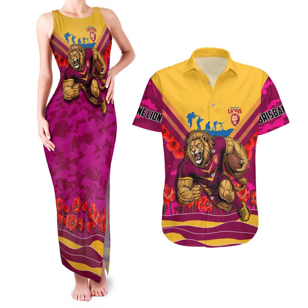 Personalised Brisbane Lions ANZAC Couples Matching Tank Maxi Dress and Hawaiian Shirt Military Remembrance Australian Football Mascot Camouflage