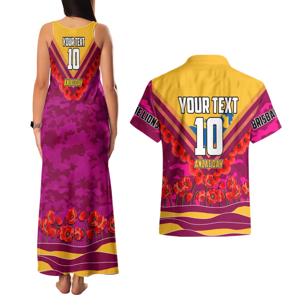 Personalised Brisbane Lions ANZAC Couples Matching Tank Maxi Dress and Hawaiian Shirt Military Remembrance Australian Football Mascot Camouflage