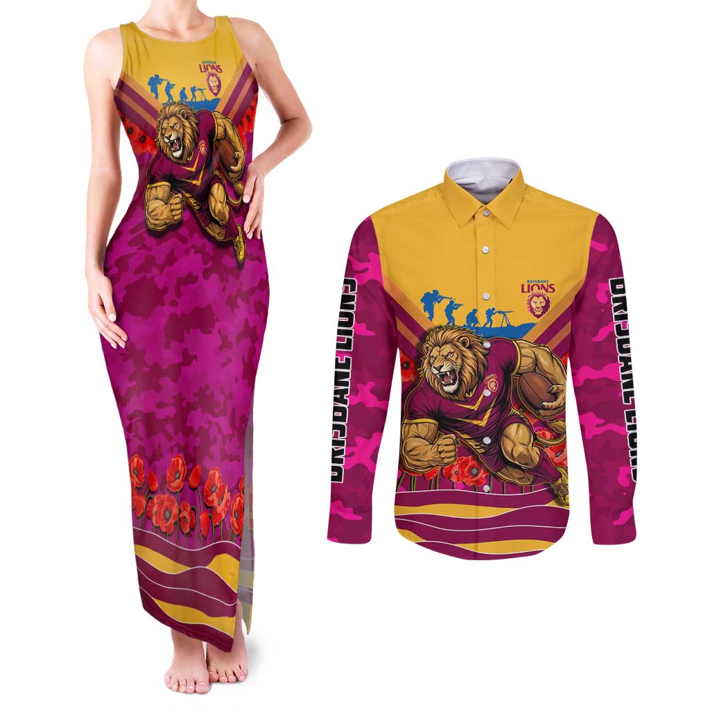 Personalised Brisbane Lions ANZAC Couples Matching Tank Maxi Dress and Long Sleeve Button Shirt Military Remembrance Australian Football Mascot Camouflage