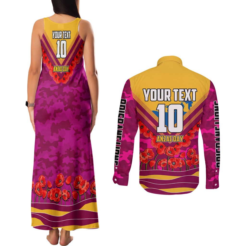 Personalised Brisbane Lions ANZAC Couples Matching Tank Maxi Dress and Long Sleeve Button Shirt Military Remembrance Australian Football Mascot Camouflage
