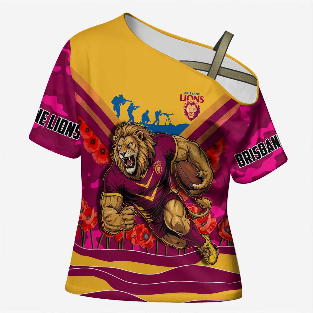 Personalised Brisbane Lions ANZAC Cross Shoulder Shirt Military Remembrance Australian Football Mascot Camouflage