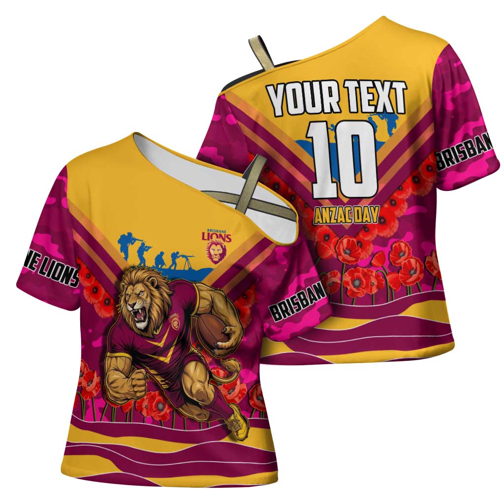 Personalised Brisbane Lions ANZAC Cross Shoulder Shirt Military Remembrance Australian Football Mascot Camouflage