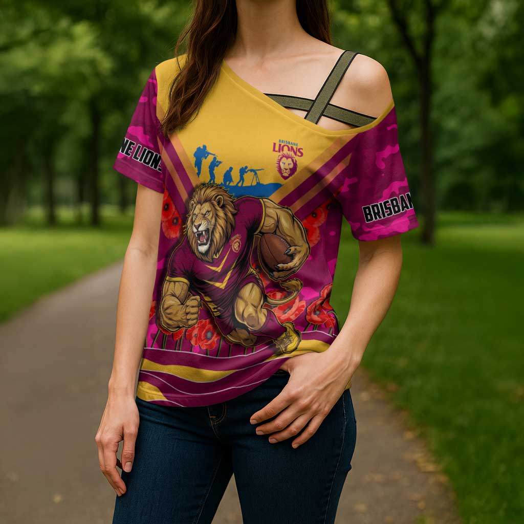 Personalised Brisbane Lions ANZAC Cross Shoulder Shirt Military Remembrance Australian Football Mascot Camouflage