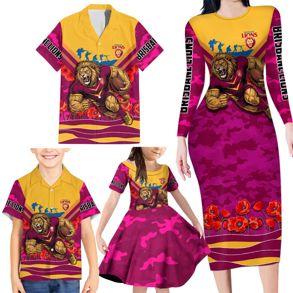 Personalised Brisbane Lions ANZAC Family Matching Long Sleeve Bodycon Dress and Hawaiian Shirt Military Remembrance Australian Football Mascot Camouflage