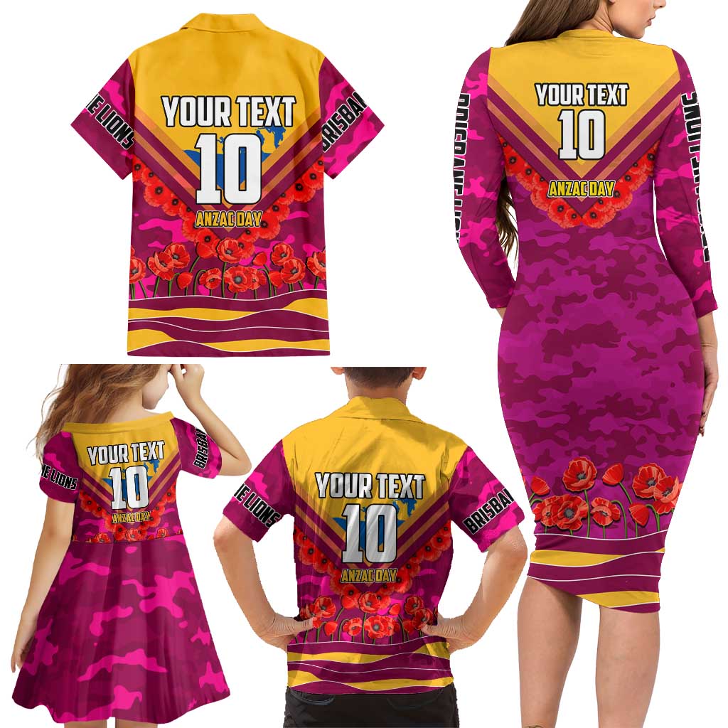 Personalised Brisbane Lions ANZAC Family Matching Long Sleeve Bodycon Dress and Hawaiian Shirt Military Remembrance Australian Football Mascot Camouflage