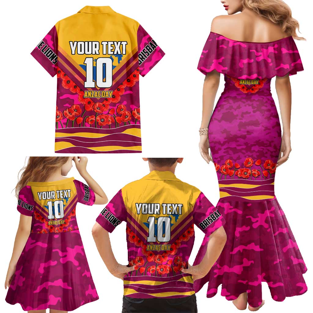 Personalised Brisbane Lions ANZAC Family Matching Mermaid Dress and Hawaiian Shirt Military Remembrance Australian Football Mascot Camouflage
