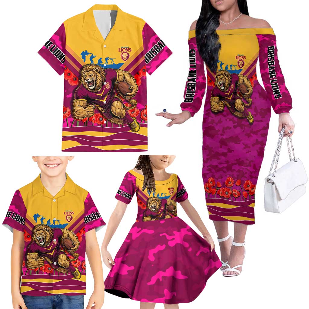 Personalised Brisbane Lions ANZAC Family Matching Off The Shoulder Long Sleeve Dress and Hawaiian Shirt Military Remembrance Australian Football Mascot Camouflage