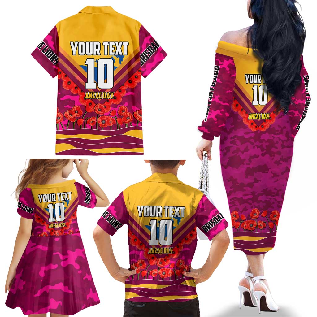 Personalised Brisbane Lions ANZAC Family Matching Off The Shoulder Long Sleeve Dress and Hawaiian Shirt Military Remembrance Australian Football Mascot Camouflage