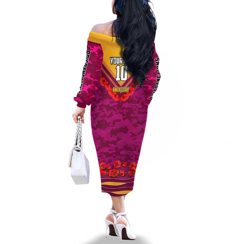 Personalised Brisbane Lions ANZAC Family Matching Off The Shoulder Long Sleeve Dress and Hawaiian Shirt Military Remembrance Australian Football Mascot Camouflage