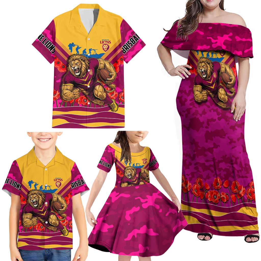 Personalised Brisbane Lions ANZAC Family Matching Off Shoulder Maxi Dress and Hawaiian Shirt Military Remembrance Australian Football Mascot Camouflage