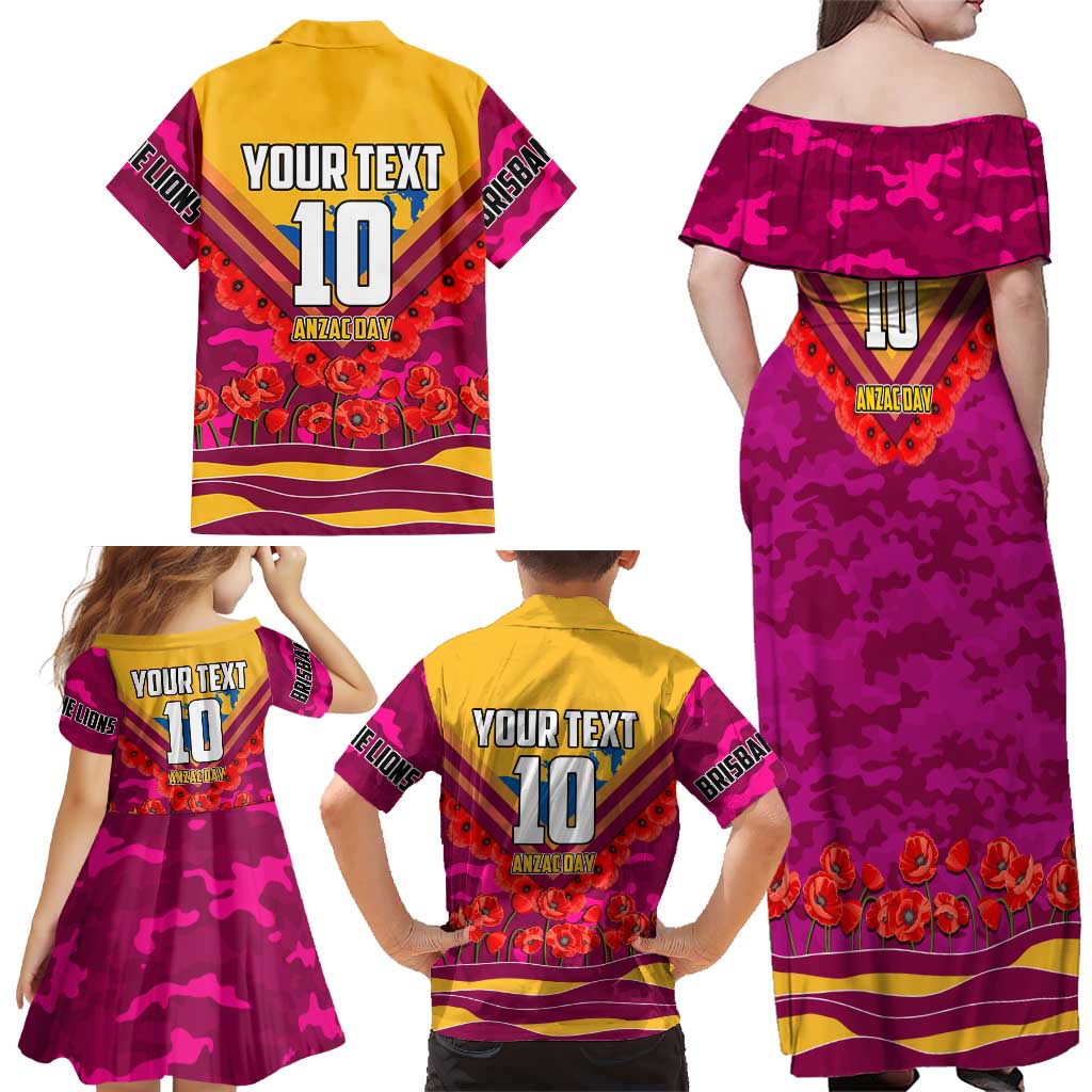 Personalised Brisbane Lions ANZAC Family Matching Off Shoulder Maxi Dress and Hawaiian Shirt Military Remembrance Australian Football Mascot Camouflage