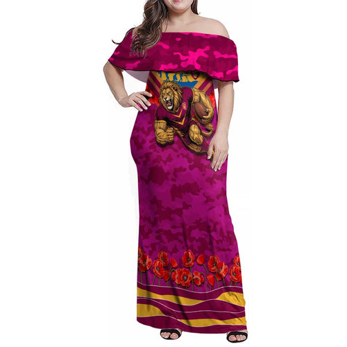 Personalised Brisbane Lions ANZAC Family Matching Off Shoulder Maxi Dress and Hawaiian Shirt Military Remembrance Australian Football Mascot Camouflage
