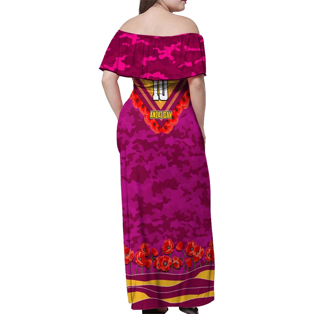 Personalised Brisbane Lions ANZAC Family Matching Off Shoulder Maxi Dress and Hawaiian Shirt Military Remembrance Australian Football Mascot Camouflage