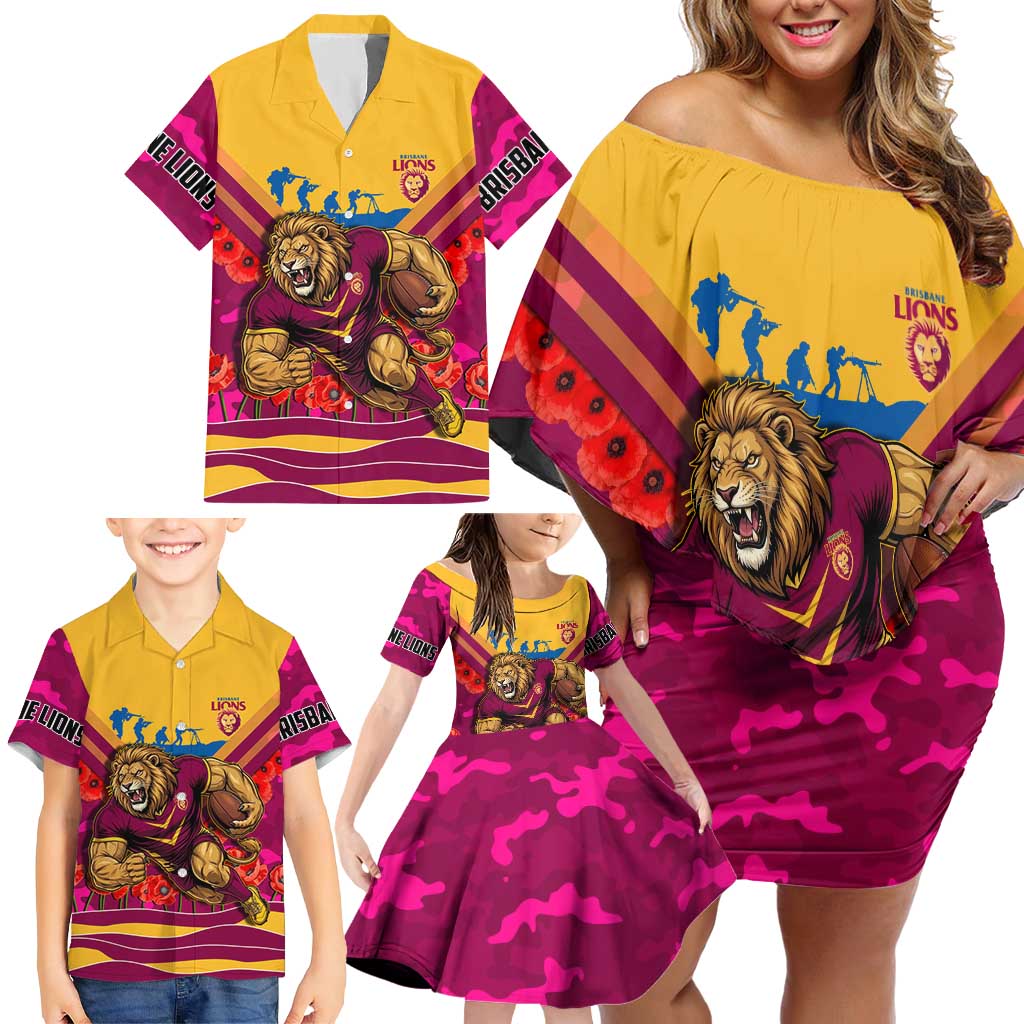 Personalised Brisbane Lions ANZAC Family Matching Off Shoulder Short Dress and Hawaiian Shirt Military Remembrance Australian Football Mascot Camouflage