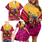 Personalised Brisbane Lions ANZAC Family Matching Off Shoulder Short Dress and Hawaiian Shirt Military Remembrance Australian Football Mascot Camouflage