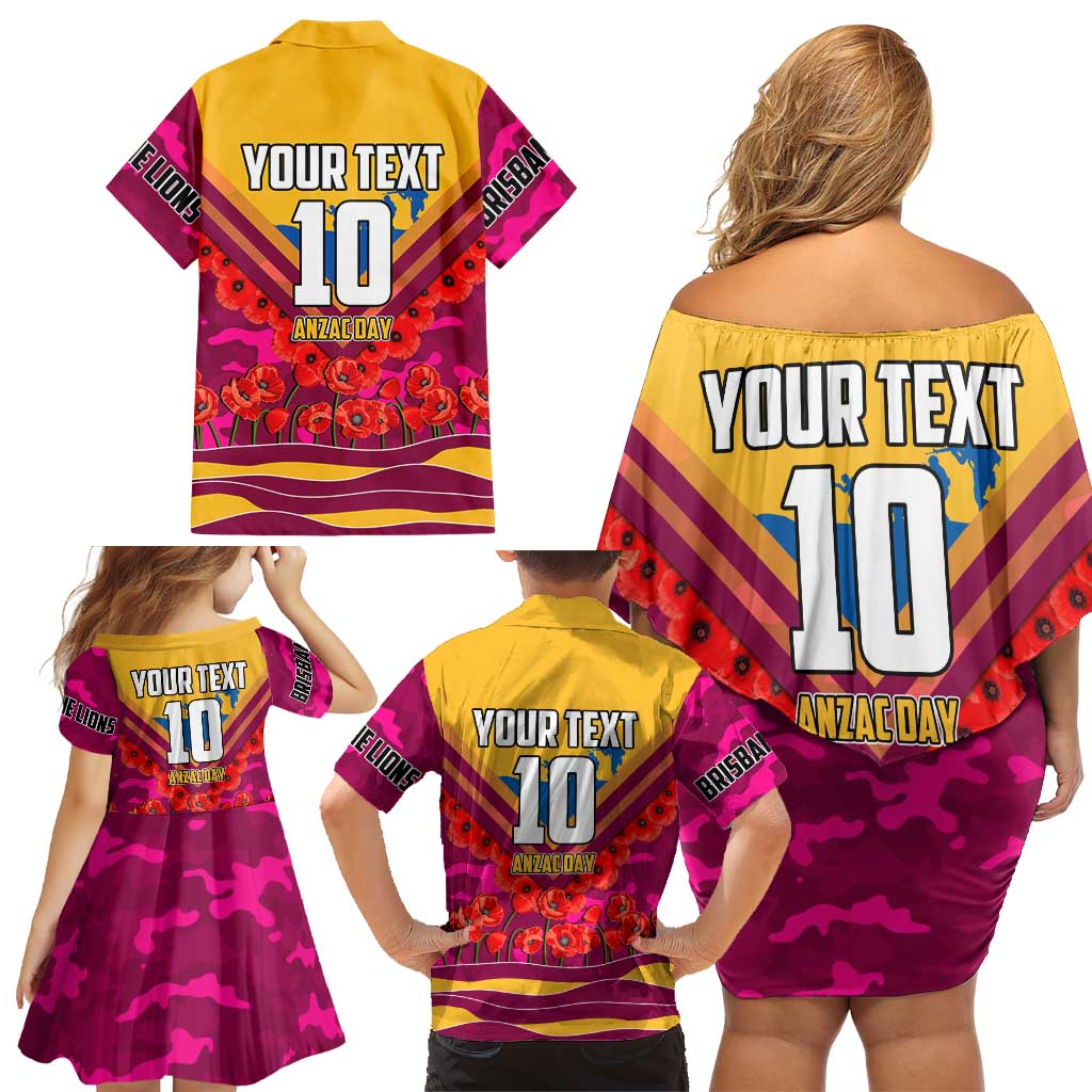Personalised Brisbane Lions ANZAC Family Matching Off Shoulder Short Dress and Hawaiian Shirt Military Remembrance Australian Football Mascot Camouflage