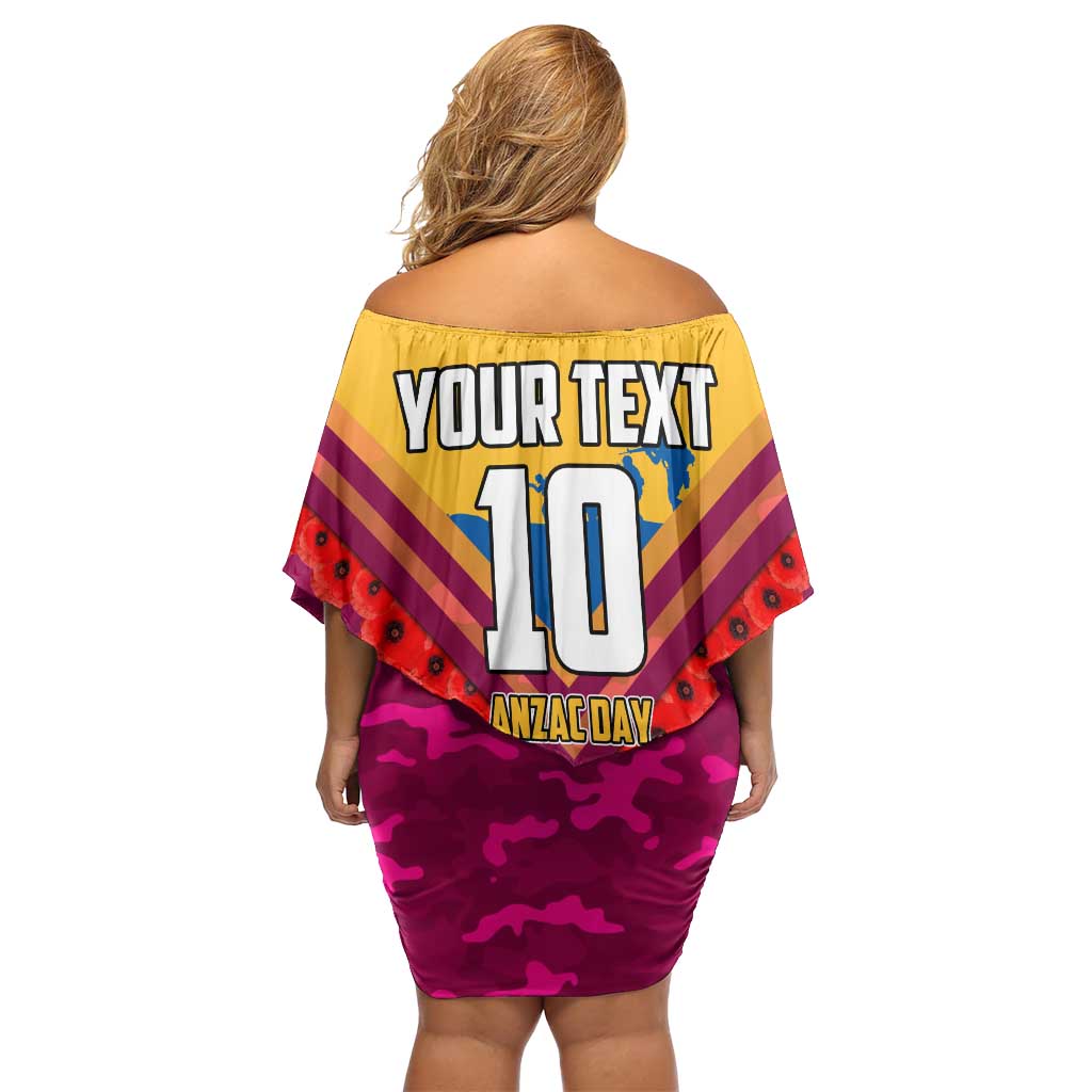 Personalised Brisbane Lions ANZAC Family Matching Off Shoulder Short Dress and Hawaiian Shirt Military Remembrance Australian Football Mascot Camouflage
