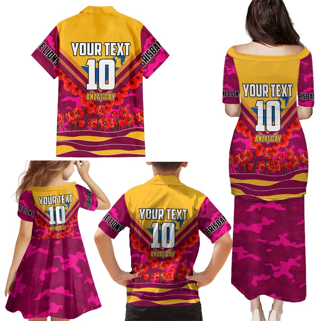 Personalised Brisbane Lions ANZAC Family Matching Puletasi and Hawaiian Shirt Military Remembrance Australian Football Mascot Camouflage
