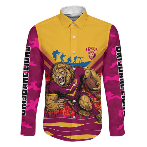 Personalised Brisbane Lions ANZAC Family Matching Puletasi and Hawaiian Shirt Military Remembrance Australian Football Mascot Camouflage