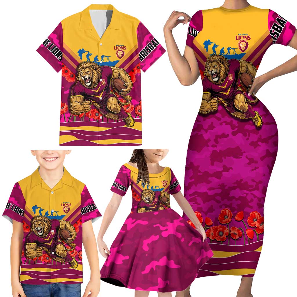 Personalised Brisbane Lions ANZAC Family Matching Short Sleeve Bodycon Dress and Hawaiian Shirt Military Remembrance Australian Football Mascot Camouflage