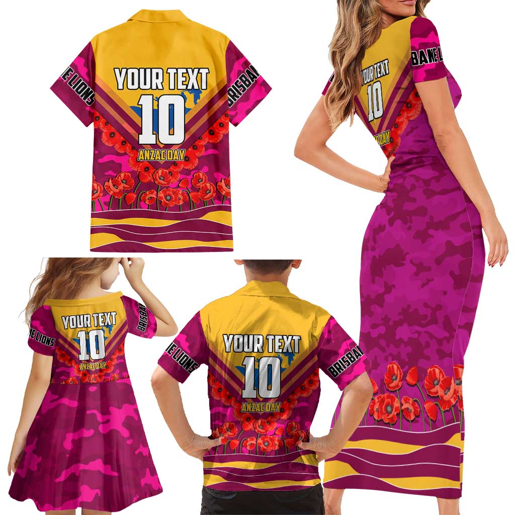 Personalised Brisbane Lions ANZAC Family Matching Short Sleeve Bodycon Dress and Hawaiian Shirt Military Remembrance Australian Football Mascot Camouflage