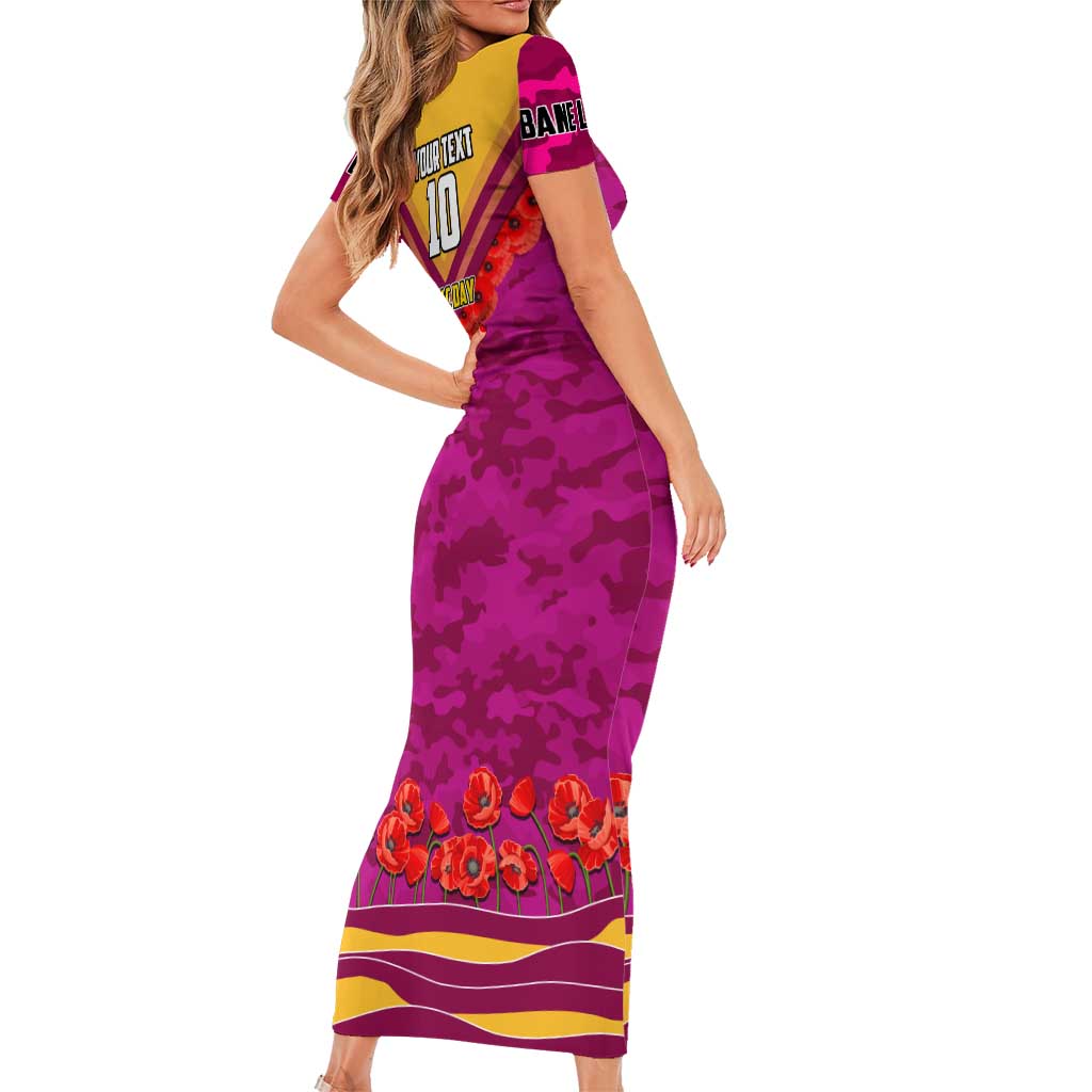 Personalised Brisbane Lions ANZAC Family Matching Short Sleeve Bodycon Dress and Hawaiian Shirt Military Remembrance Australian Football Mascot Camouflage