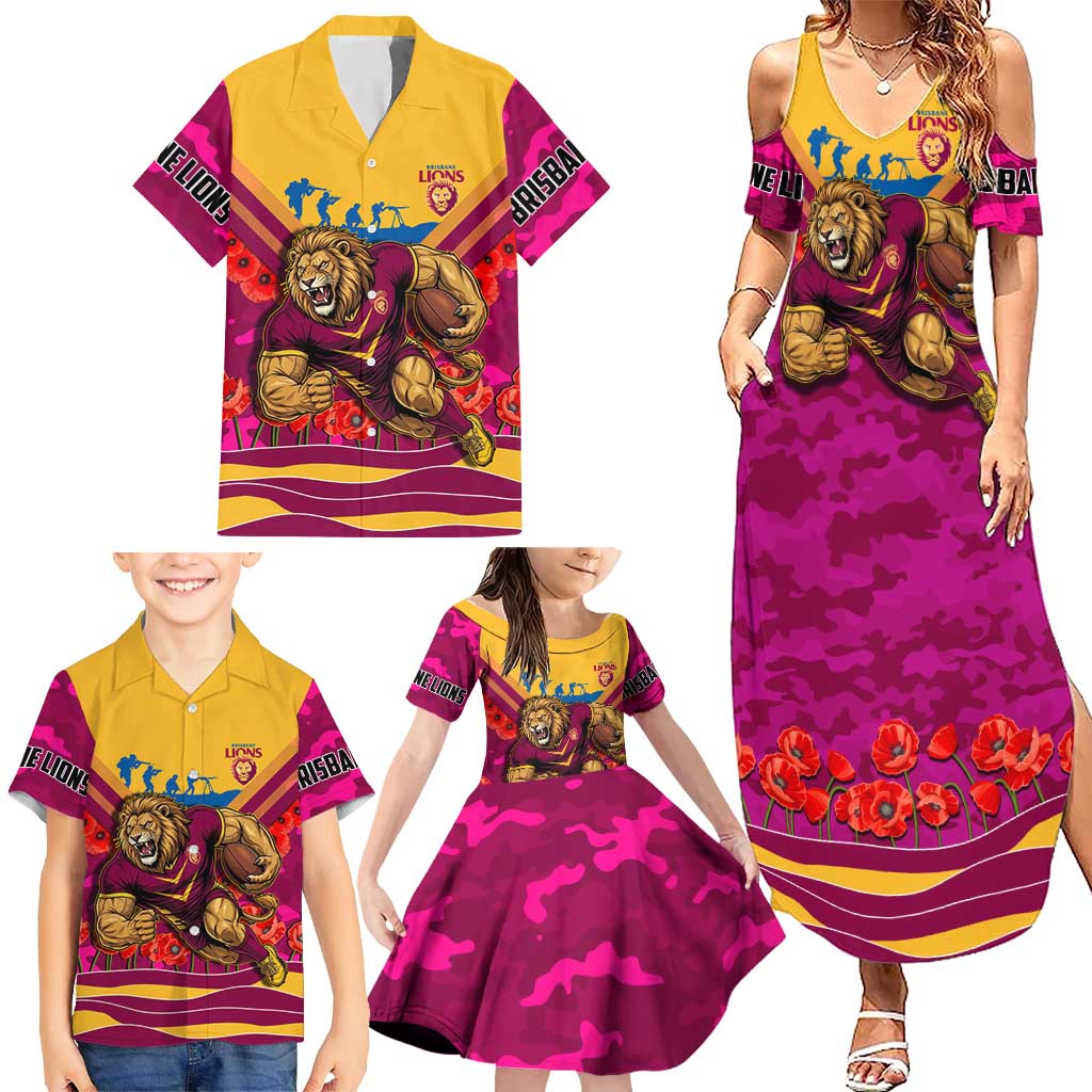 Personalised Brisbane Lions ANZAC Family Matching Summer Maxi Dress and Hawaiian Shirt Military Remembrance Australian Football Mascot Camouflage