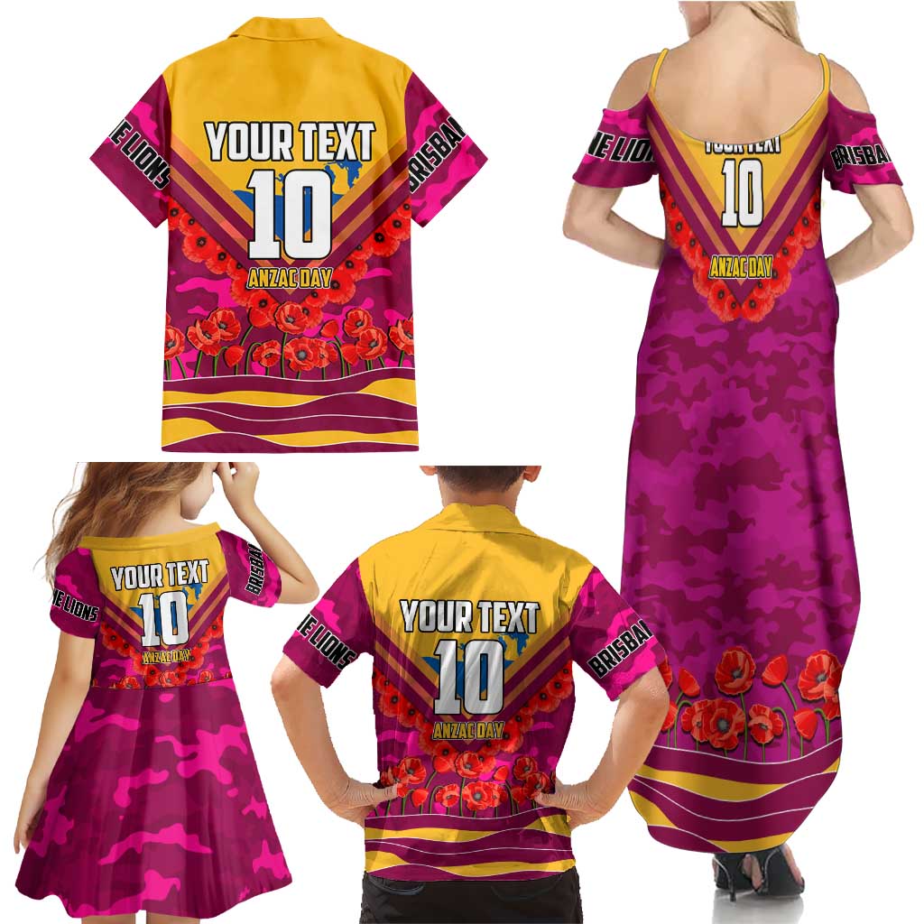 Personalised Brisbane Lions ANZAC Family Matching Summer Maxi Dress and Hawaiian Shirt Military Remembrance Australian Football Mascot Camouflage