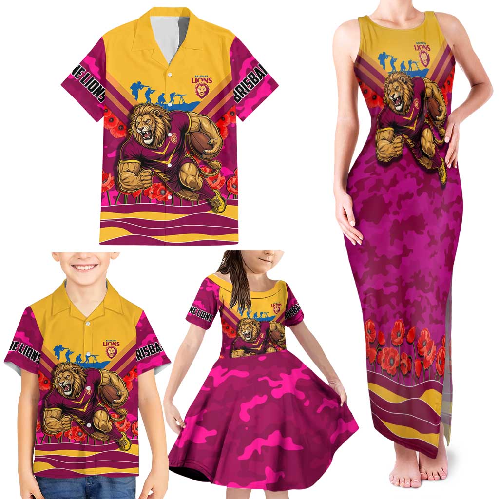 Personalised Brisbane Lions ANZAC Family Matching Tank Maxi Dress and Hawaiian Shirt Military Remembrance Australian Football Mascot Camouflage