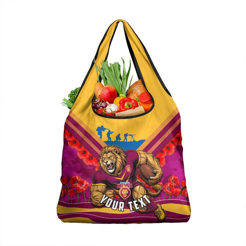Personalised Brisbane Lions ANZAC Grocery Bag Military Remembrance Australian Football Mascot Camouflage