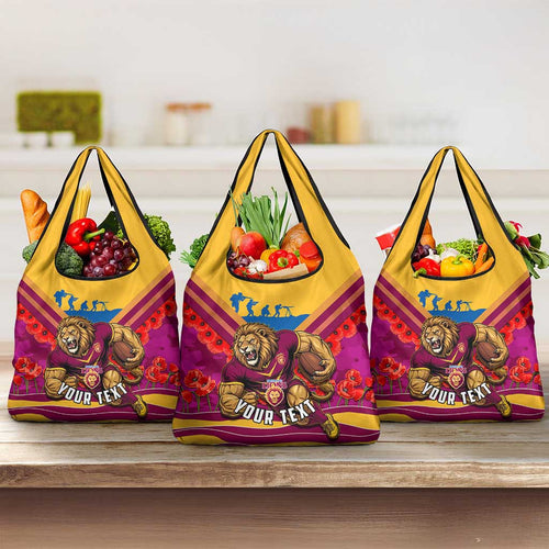 Personalised Brisbane Lions ANZAC Grocery Bag Military Remembrance Australian Football Mascot Camouflage