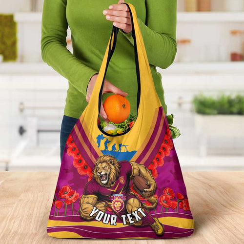 Personalised Brisbane Lions ANZAC Grocery Bag Military Remembrance Australian Football Mascot Camouflage
