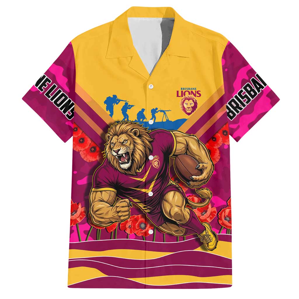 Personalised Brisbane Lions ANZAC Hawaiian Shirt Military Remembrance Australian Football Mascot Camouflage