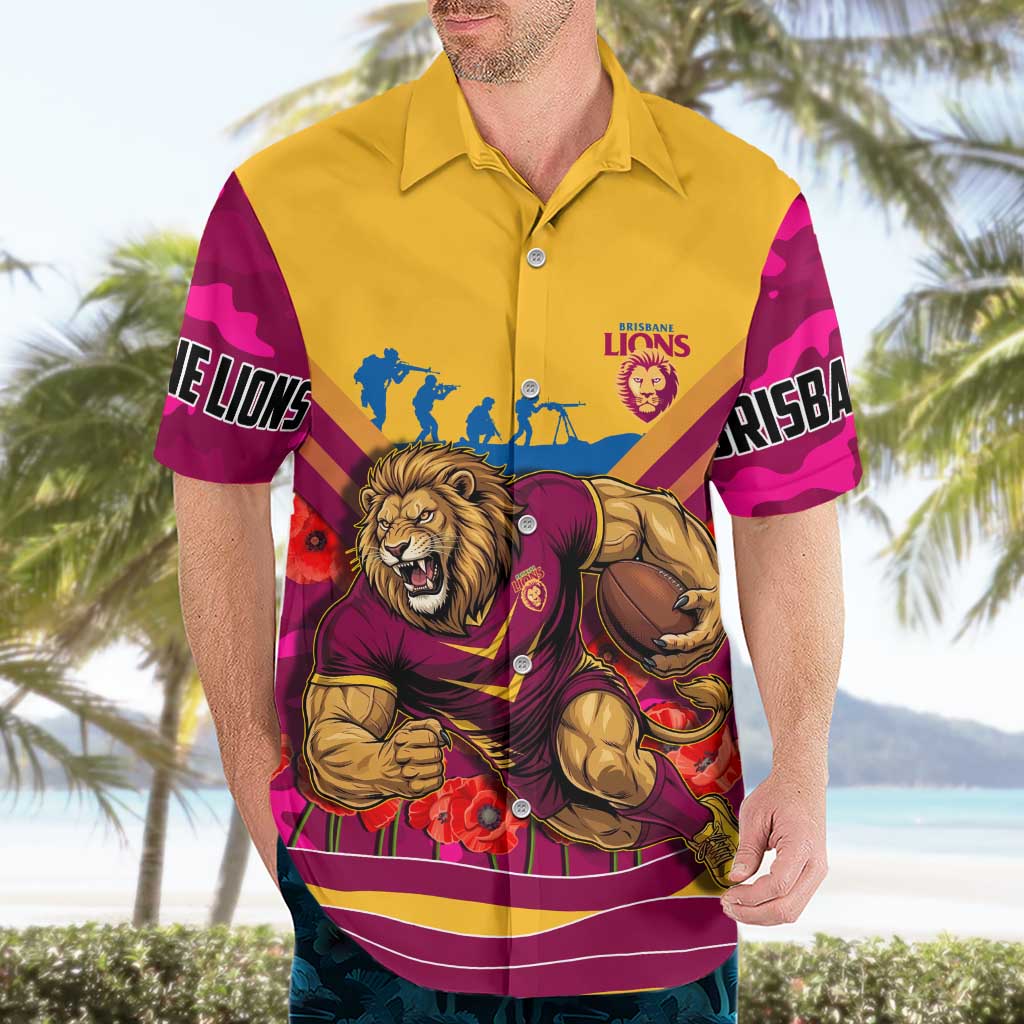 Personalised Brisbane Lions ANZAC Hawaiian Shirt Military Remembrance Australian Football Mascot Camouflage