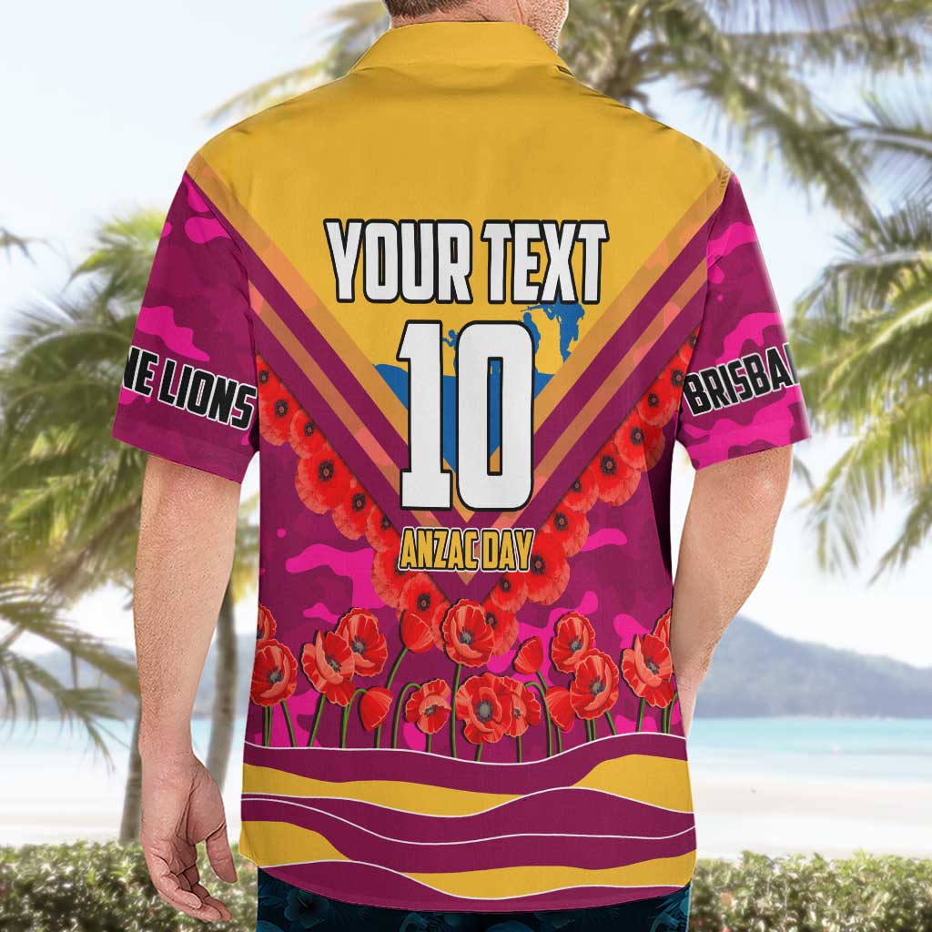 Personalised Brisbane Lions ANZAC Hawaiian Shirt Military Remembrance Australian Football Mascot Camouflage