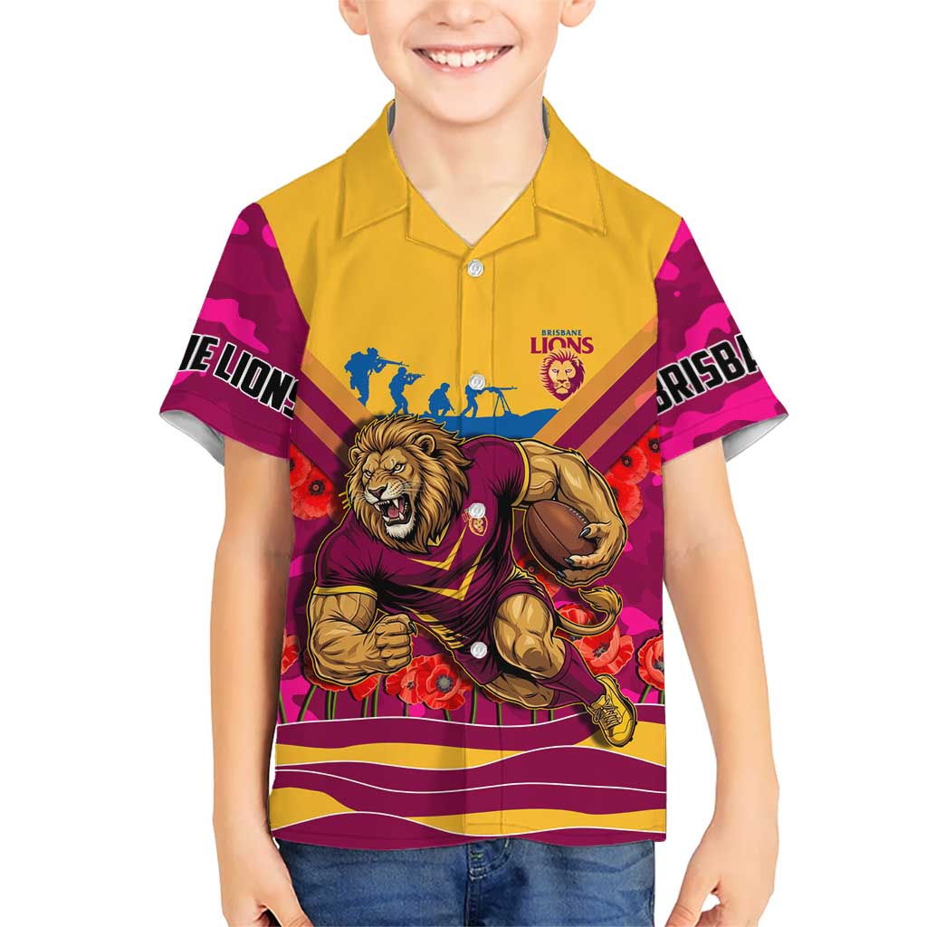 Personalised Brisbane Lions ANZAC Hawaiian Shirt Military Remembrance Australian Football Mascot Camouflage