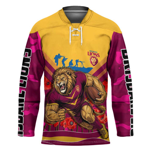 Personalised Brisbane Lions ANZAC Hockey Jersey Military Remembrance Australian Football Mascot Camouflage