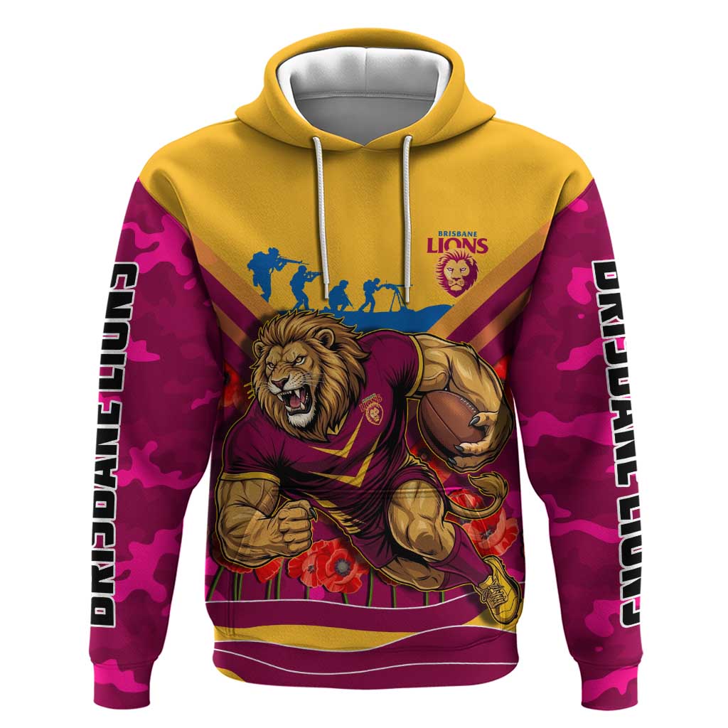 Personalised Brisbane Lions ANZAC Hoodie Military Remembrance Australian Football Mascot Camouflage