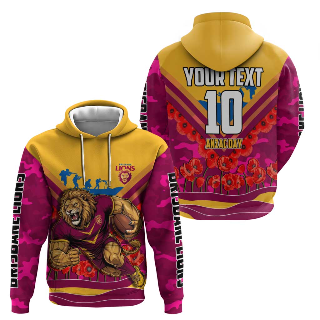 Personalised Brisbane Lions ANZAC Hoodie Military Remembrance Australian Football Mascot Camouflage