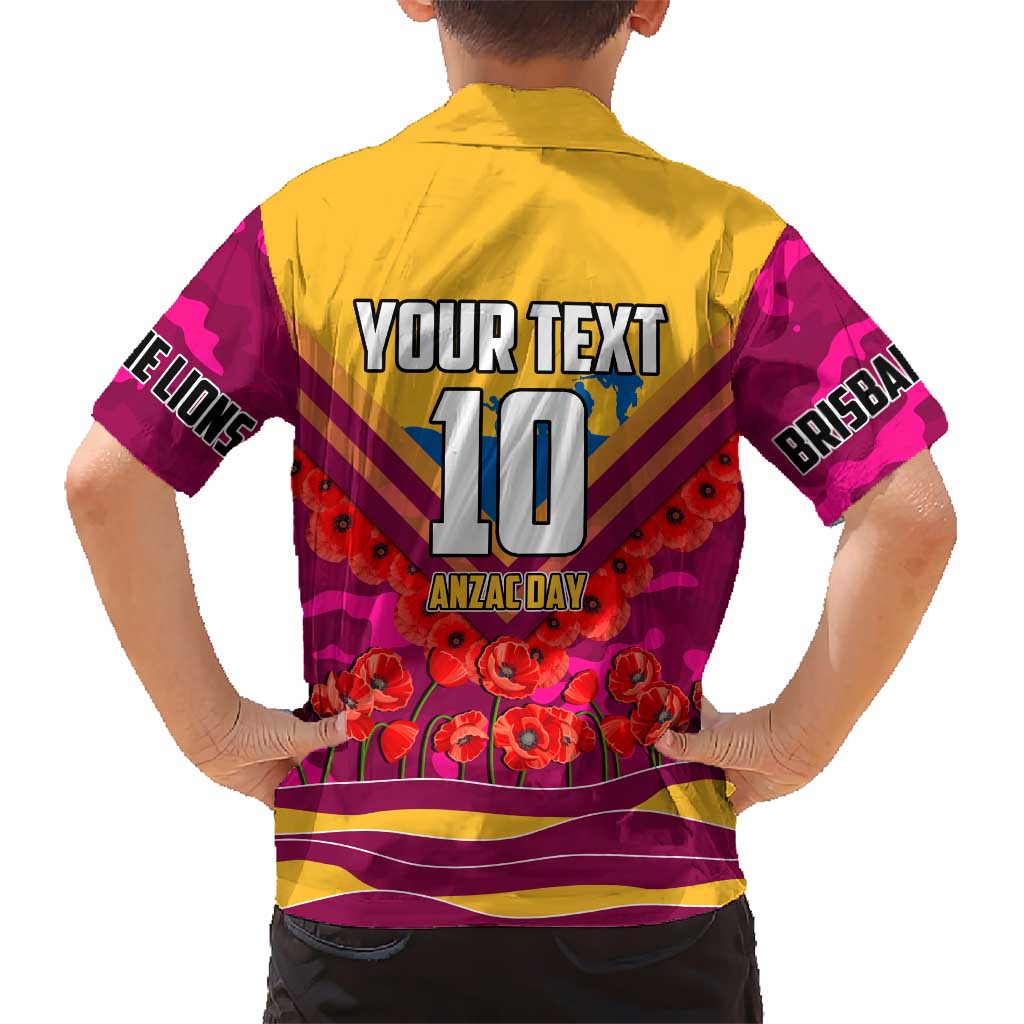 Personalised Brisbane Lions ANZAC Kid Hawaiian Shirt Military Remembrance Australian Football Mascot Camouflage