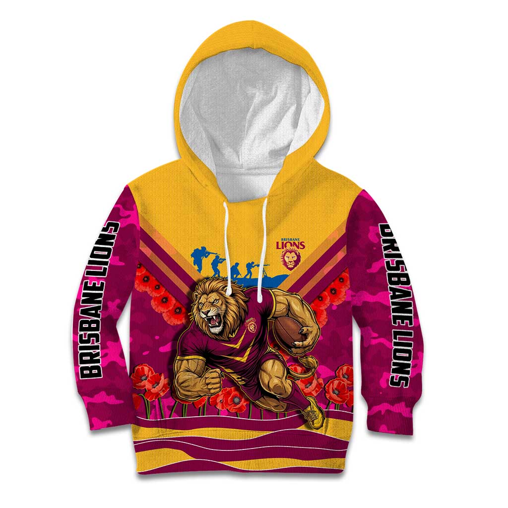 Personalised Brisbane Lions ANZAC Kid Hoodie Military Remembrance Australian Football Mascot Camouflage